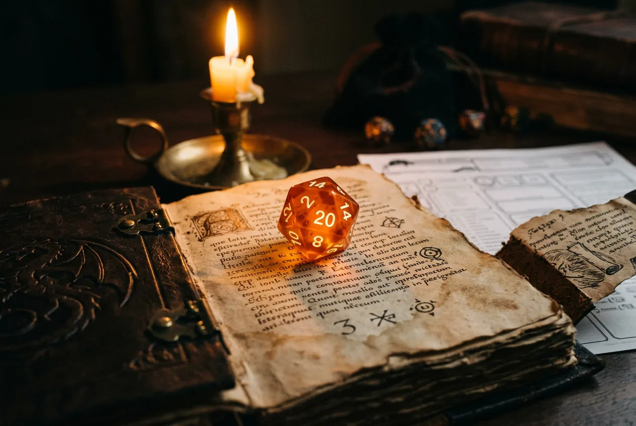 Kostka d20 na staré knize u svíčky - RolePlay server s pravidly D&D 5E